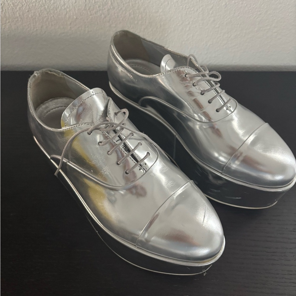 Prada Silver Platform Oxfords with Metallic Finish. Authentic